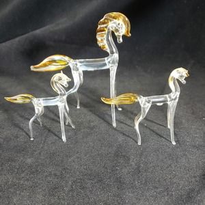 Vintage Midcentury Modern Blown Glass Miniature Horse Family 3 Figurines